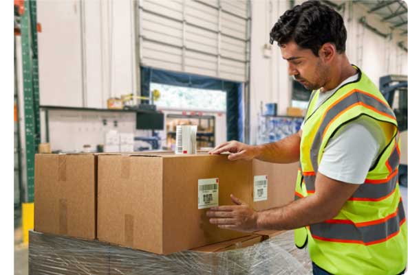 A man sticking labels onto parcels